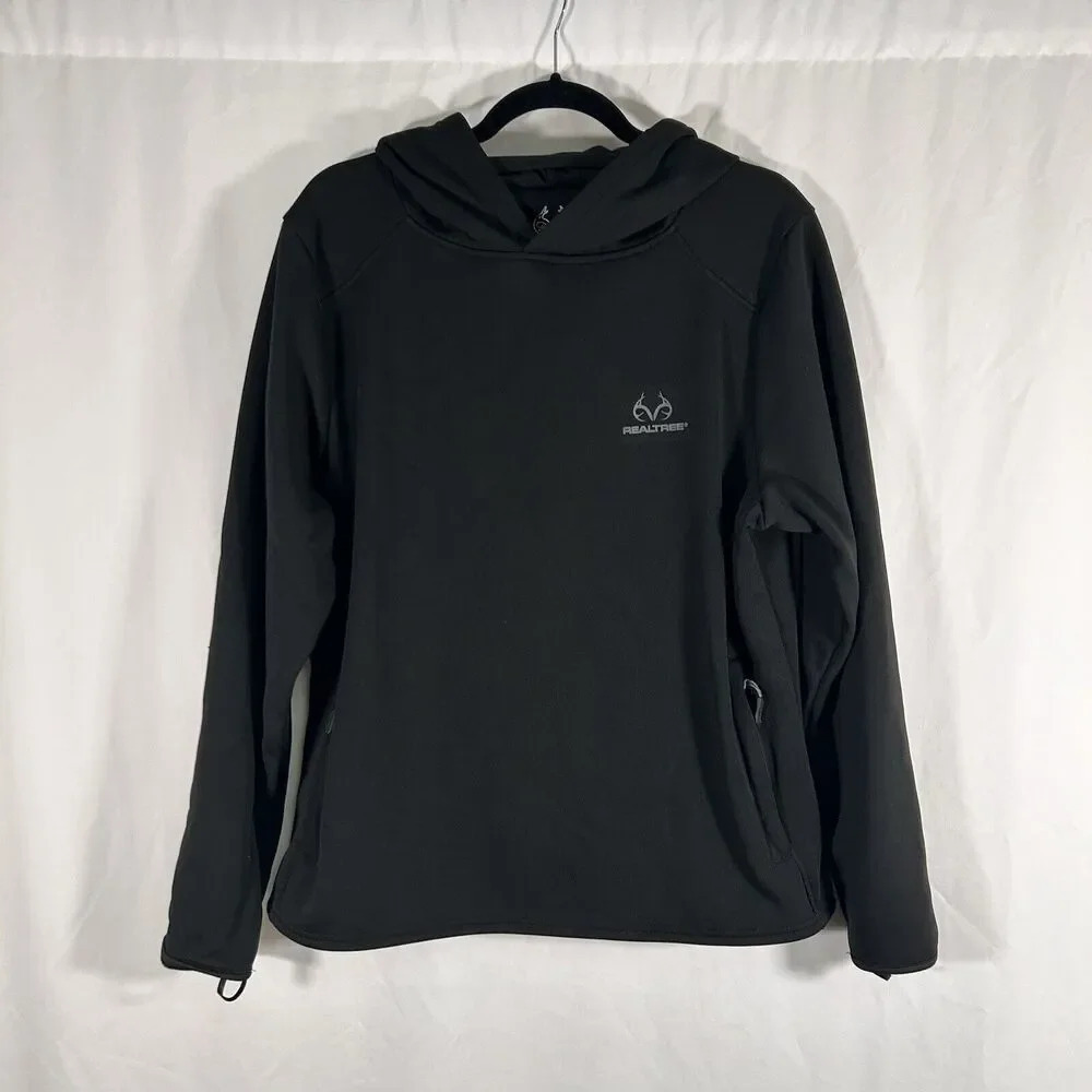 Real Tree Hoodie Women's XL Solid Black Zip Pockets Pullover Polyester
